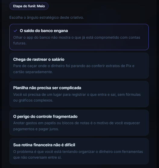 Cinco ângulos de mensagem para a oferta de exemplo, com o primeiro selecionado