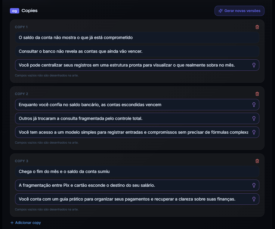 Três copies editáveis escritas pelo Creator para o ângulo escolhido
