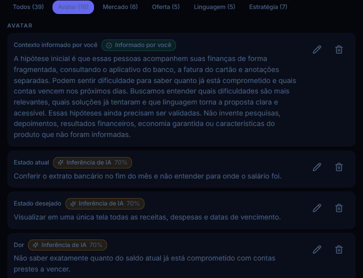 Diagnóstico do Creator: item informado pelo usuário e itens inferidos pela IA, cada um com etiqueta e percentual